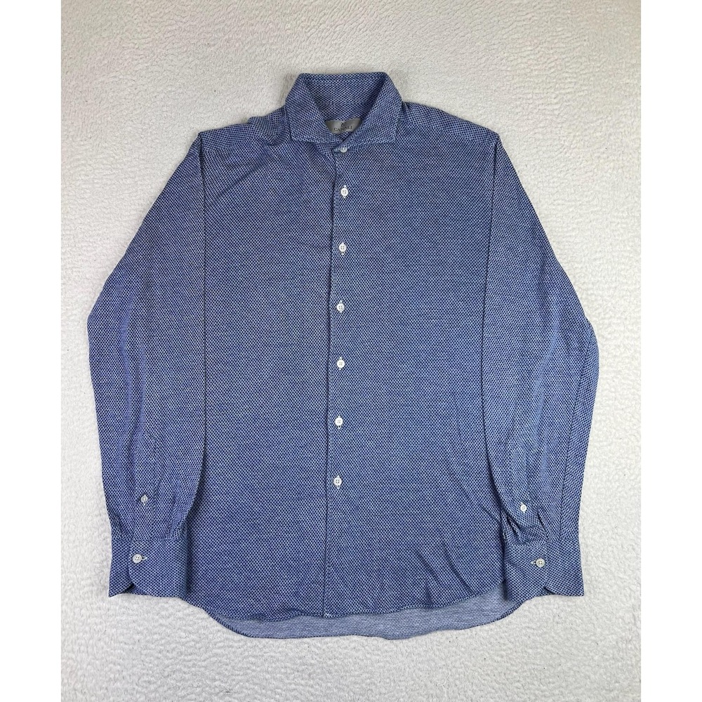 Canali Dress Shirt Mens Large Blue Geometric Cotton Made In Italy‎ LS
